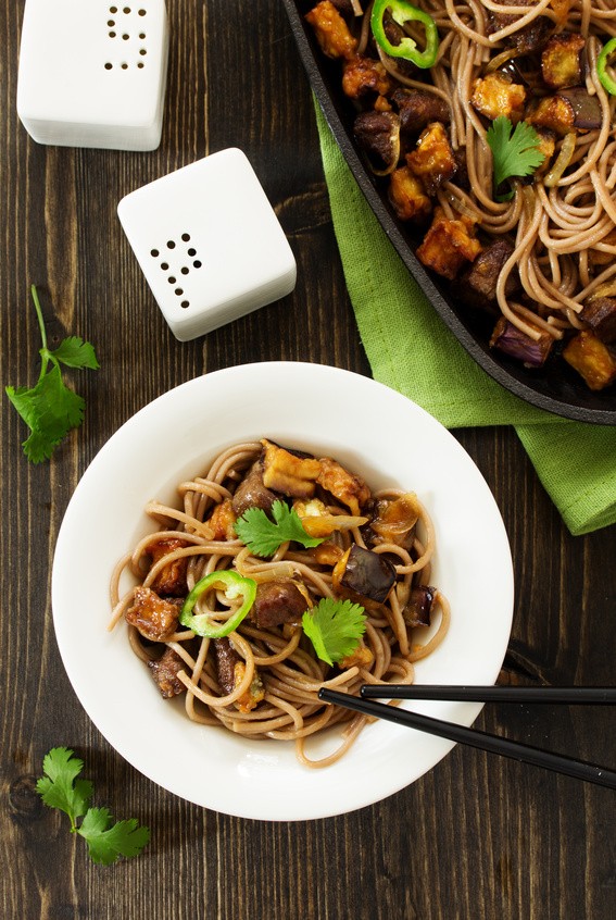 Buckwheat soba noodles with beef and eggplant. Asian cuisine.